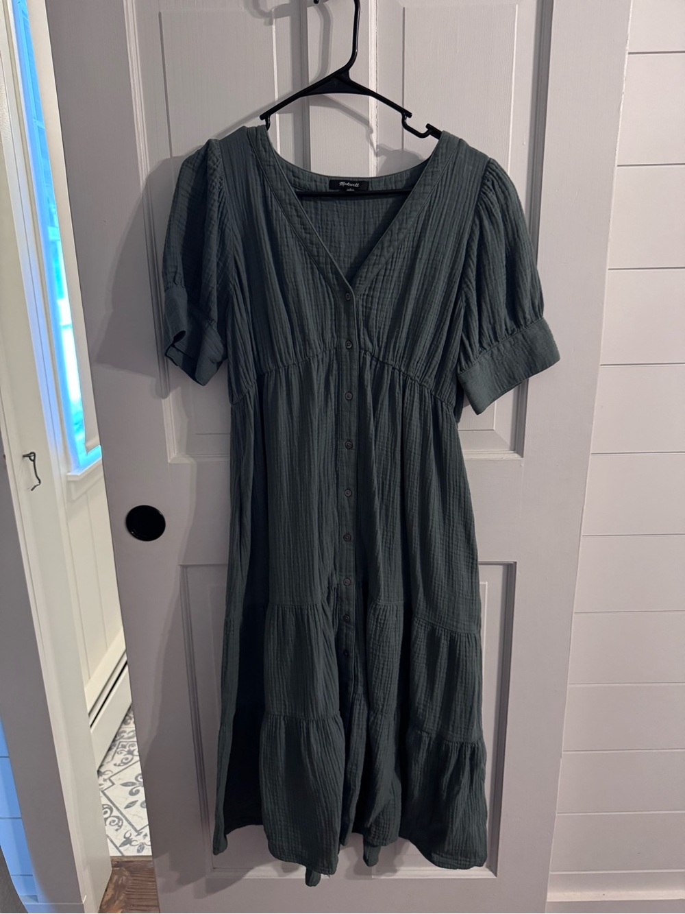Madewell Dark Green Button-Front Tiered Midi Dress